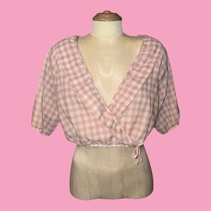 UO Pink Gingham Wrap Blouse